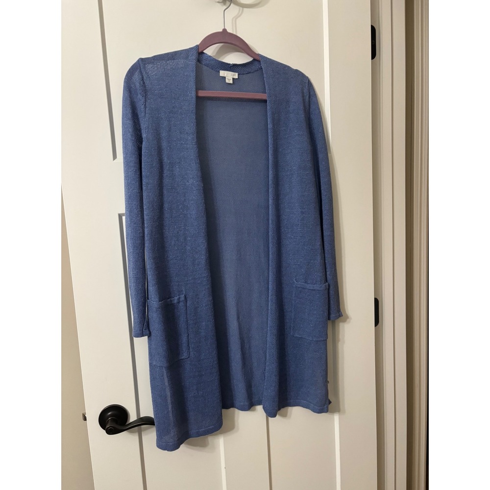 J Jill Blue Linen Viscose Sheer Duster Cardigan Sweaterโ XS Lightweight Pockets